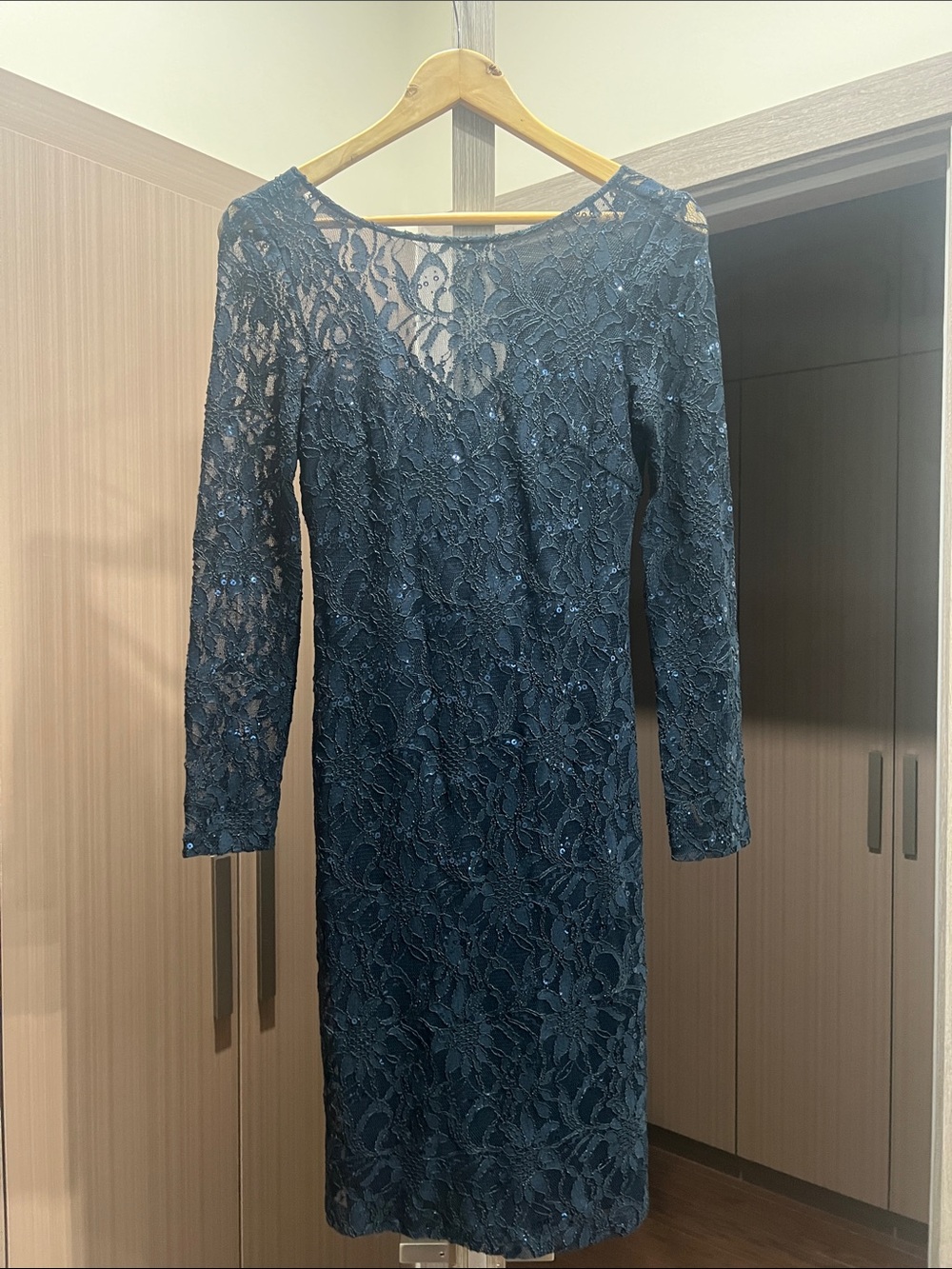 Elegant Navy Lace Long-Sleeve Sheath Dress